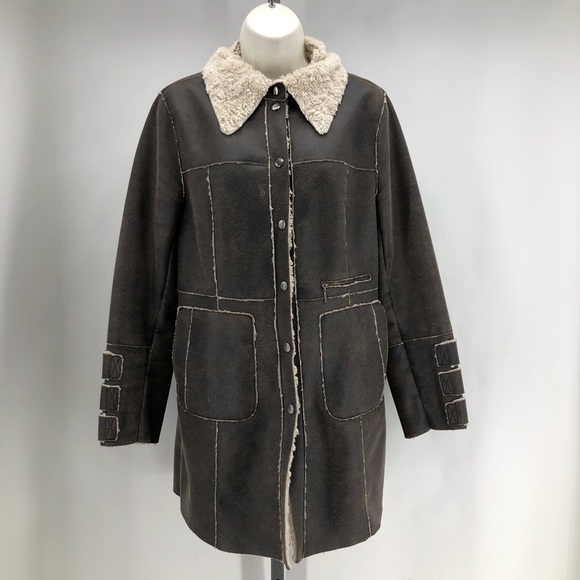 Athleta Leather Look Fuzzy Lined Snap Closure Brown Coat Size M - Picture 2 of 6